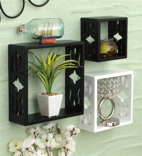 Buy Set Of 3 Engineered Wood Cube Wall Shelf In Black Colour Be Wall