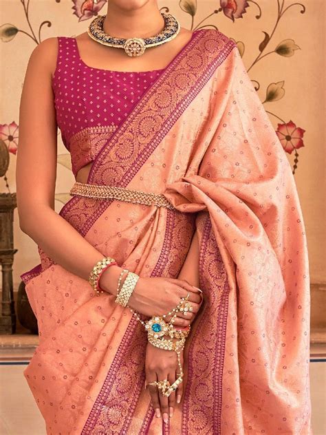 Buy Peach Zari Weaving Silk Festival Wear Saree With Blouse From Ethnic Plus