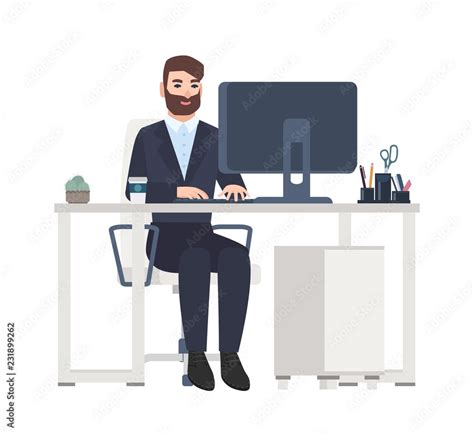 Vecteur Stock Cheerful Male Office Worker Or Clerk Sitting At Desk And