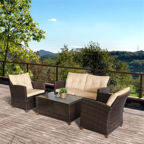 Outsunny Set Mobili Da Giardino 4 Pezzi In Rattan PE Tavolino Divano E