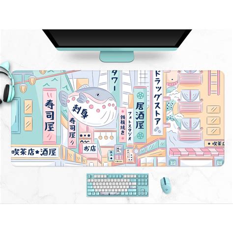 Cute Japanese Street Desk Mat Xl Pastel Tokyo Street Mousepad Kawaii