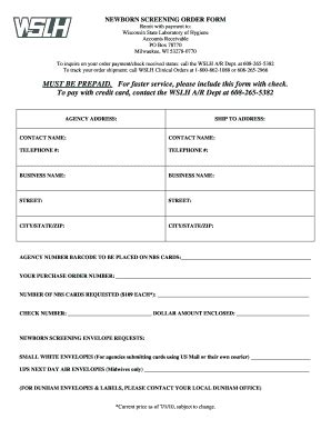 Fillable Online Slh Wisc NBS ORDER FORM Wisconsin State Laboratory Of