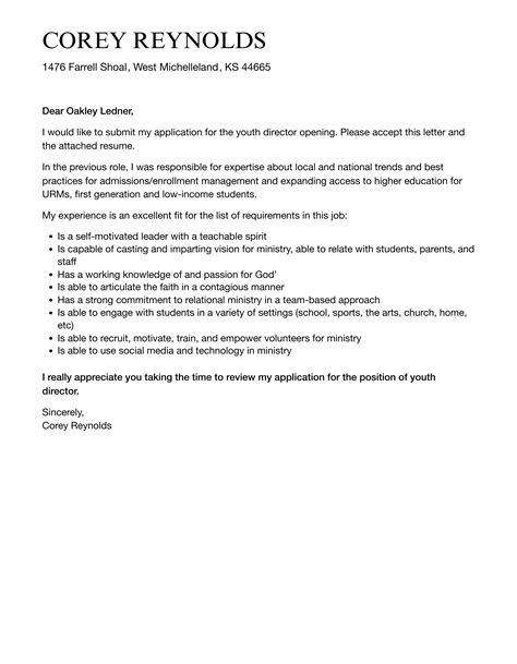 Youth Director Cover Letter Velvet Jobs