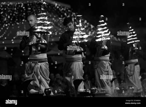 The Image Of Ganga Aarti At Ghats Or Holy Steps Of Varanasi Ganges