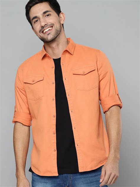 Buy Hereandnow Men Orange Pure Cotton Slim Fit Sustainable Casual Shirt