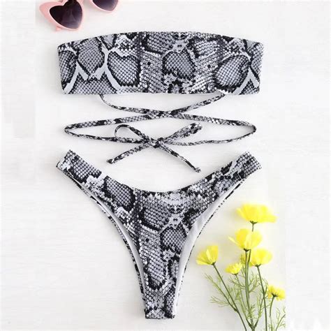 2019 New Trendy Snake Skin Low Waist Women Snakeskin High Cut Bikini