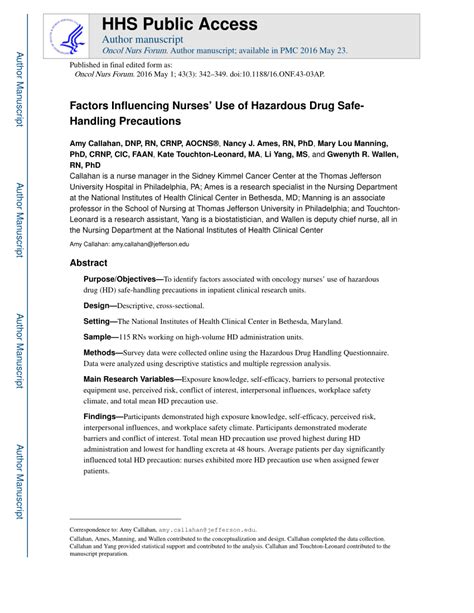 Pdf Factors Influencing Nurses Use Of Hazardous Drug Safe Handling Precautions