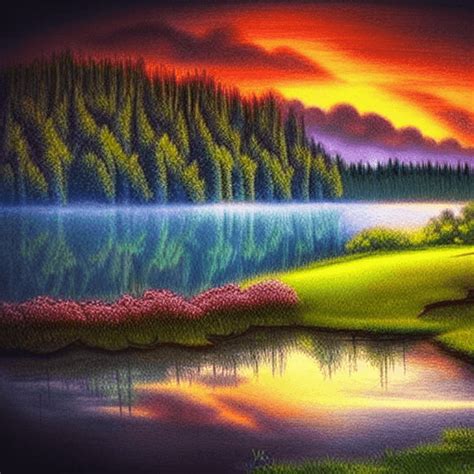 Beautiful Landscape With Lake Wood Sky Sunset Fantasy Art Creative