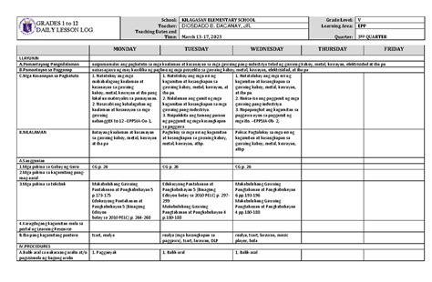 J Un Dll Epp 5 Q3 W1 Grades 1 To 12 Daily Lesson Log School