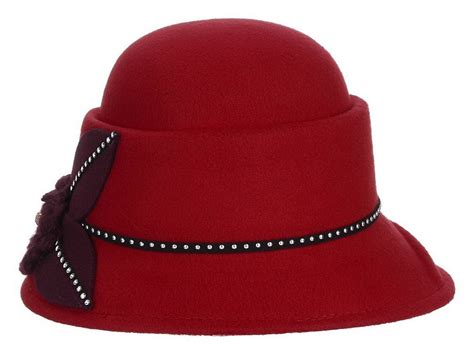 Red Flower Wool Felt Cloche Bucket Bowler Hat