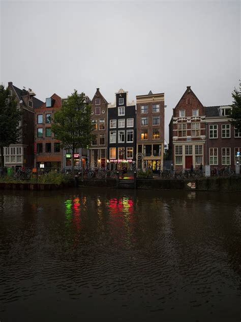 Illuminated Amsterdam Houses Buildings In Oudezijds Voorburgwal