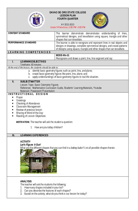 Basic Geometry Figures Lp Davao De Oro State College Lesson Plan