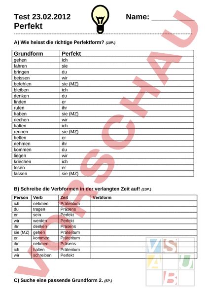 Arbeitsblatt Test Perfekt Deutsch Grammatik