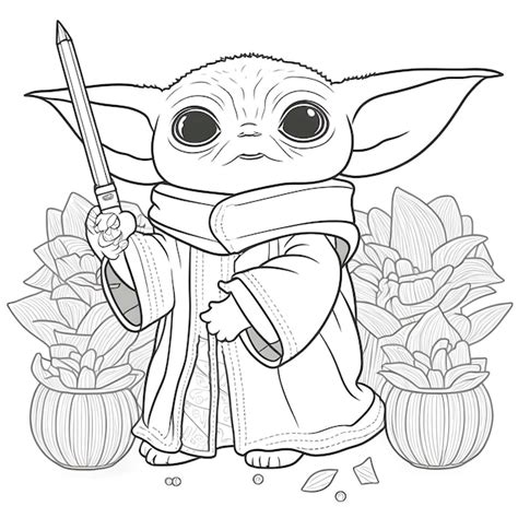 Un Dibujo En Blanco Y Negro De Un Beb Yoda Sosteniendo Una Varita