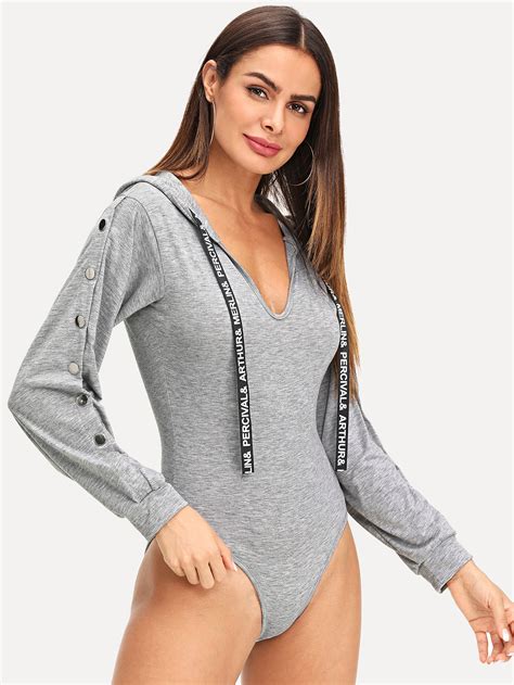 Drawstring Detail Hooded Bodysuit Romwe