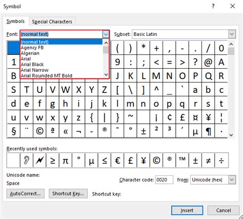 Microsoft Word Symbols Chart