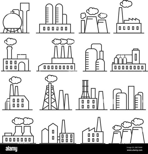 Factory And Plant Thin Line Vector Icons Industrial Building For