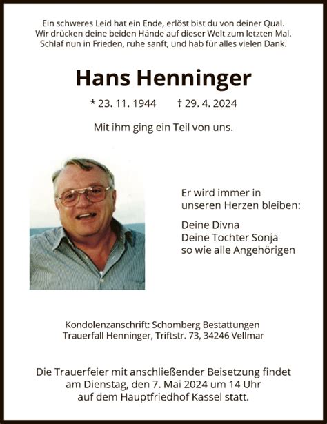 Traueranzeigen Von Hans Henninger Trauer Hna De