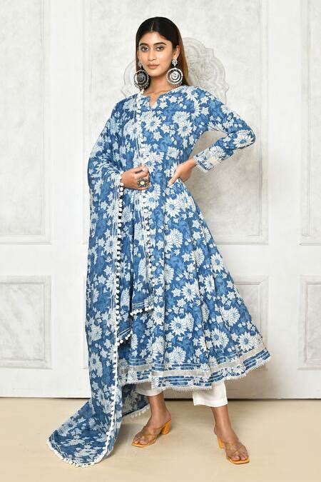 Buy Blue Cotton Printed Floral Notched Anarkali Set For Women By Adara