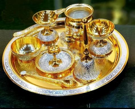 Brass Traditional German Silver Pooja Thali Set Silver Gold Pooja