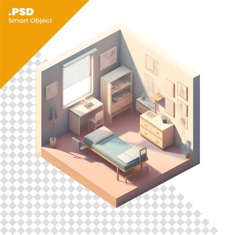 Premium PSD Isometric Bedroom Interior Bed And Bedside Table Bedside