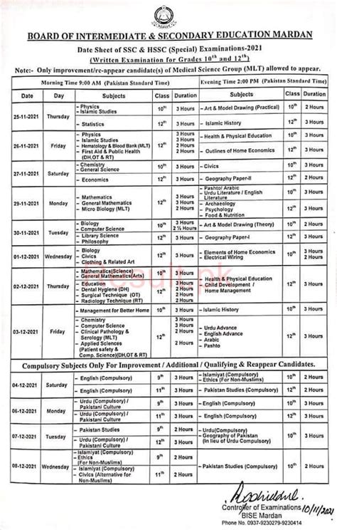 Bise Mardan Board Date Sheet Matric Part Ssc Th Th