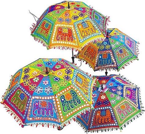 Ekam Art Indian Elephant Embroidered Cotton Umbrellas Garden Umbrella