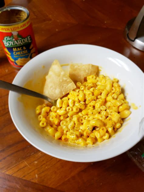 Canned mac and cheese with pepper, Tabasco,and old chips. : r/shittyfoodporn