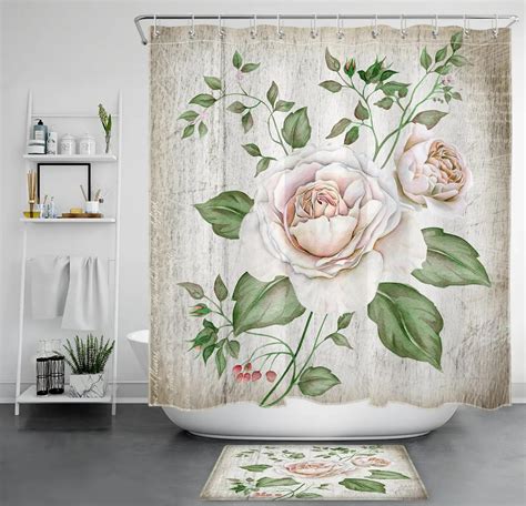 Chic Vintage Floral Shower Curtain Set With Green Leaves And Pink Roses