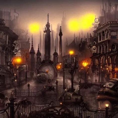 Creepy Steampunk City On Dark Foggy Morning