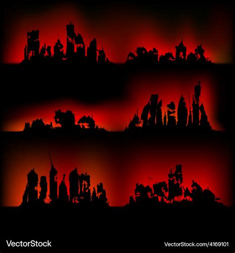 Destroyed City Silhouette Realistic Panorama Of The Destroyed City