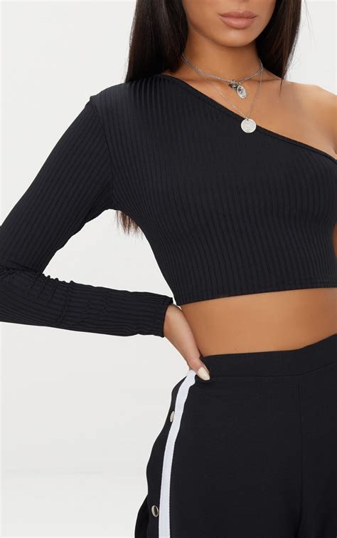 Black One Shoulder Rib Crop Top Tops Prettylittlething Usa