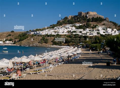 Beach Bay Of Lindos Acropolis Of Lindos Rhodes Greece Stock Photo