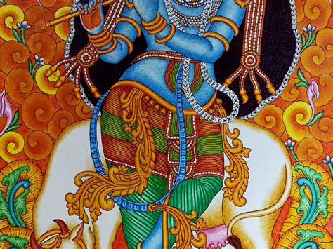 Standing Lord Krishna Playing Flute With Cow Acrylic Painting On