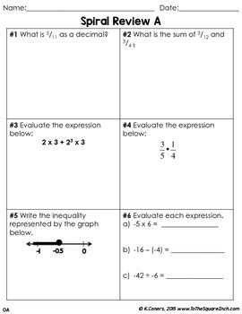 Math Spiral Review Worksheets Th Grade Math October Tpt