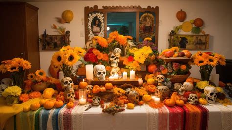 The Day Of The Dead Altar In A Dining Room Background, Ofrenda Pictures ...