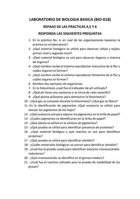 Preguntas De Repaso Para El Segundo Pruebin Laboratorio De Biologia