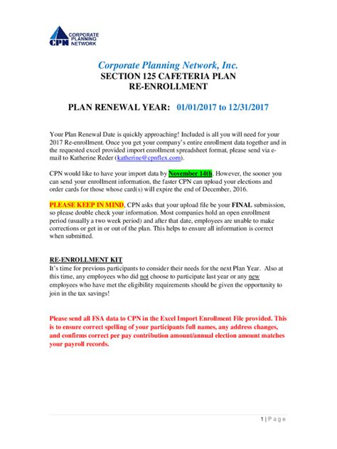 Fillable Online Corporate Planning Network Inc Section 125 Cafeteria