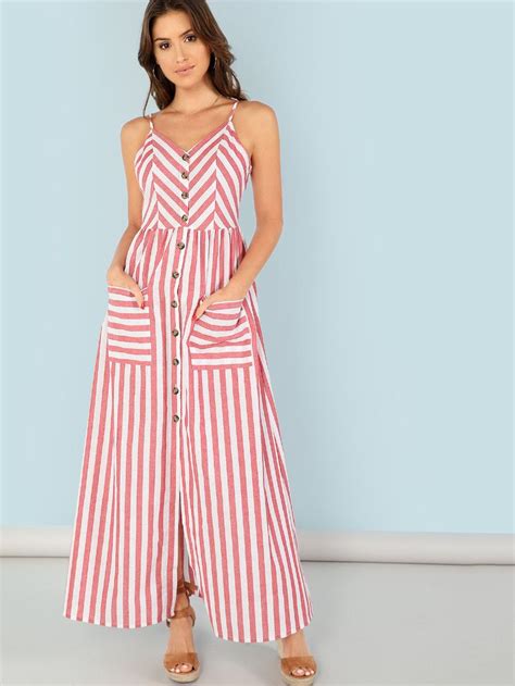 Button Up Pocket Front Striped Cami Dress Shein Sheinside Vestidos