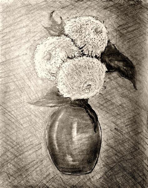 Still Life Vase With Three Teddy Bear Sunflowers Drawing By Jose A