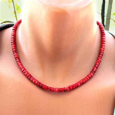 Mens Red Coral Heishi Bead Necklace Handmade Mens And Womens Accessory