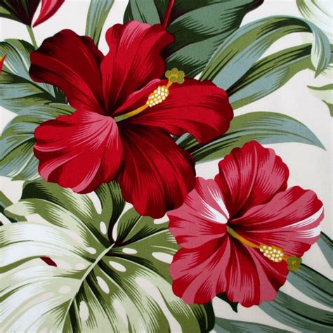 Fabric Red Hibiscus Floral On Cream Tropical Hawaii Bird Of Etsy