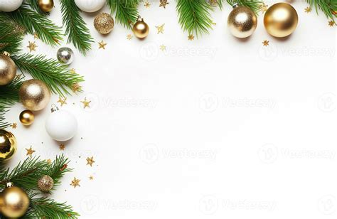 Christmas Frame Of Pine And Christmas Decorations On White Background