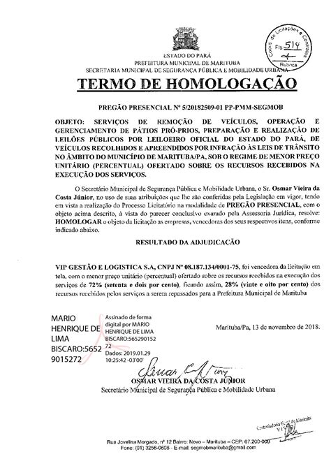 Termo De Homologa O Prefeitura Municipal De Marituba Pa