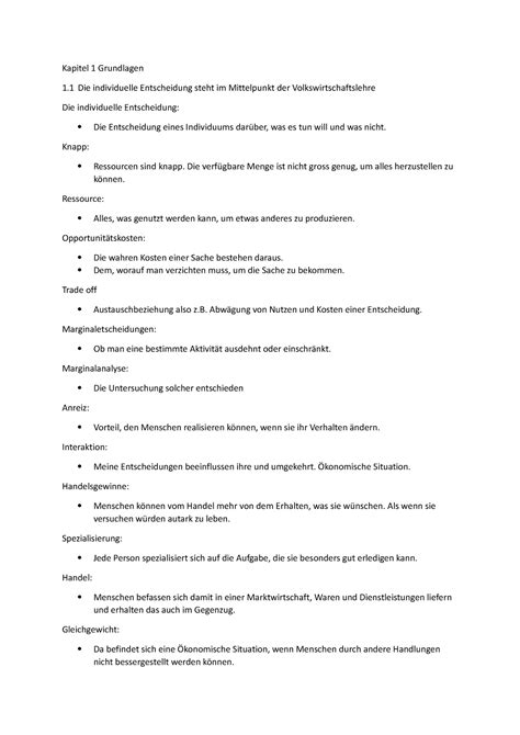 Kapitel Grundlagen Zusammenfassung Volkswirtschaftslehre Kapitel