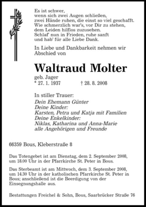 Traueranzeigen Von Waltraud Molter Saarbruecker Zeitung Trauer De