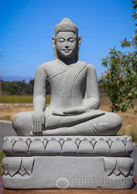 Cambodian Sandstone Buddha Earth Touching Mudra Separate Double Lotus