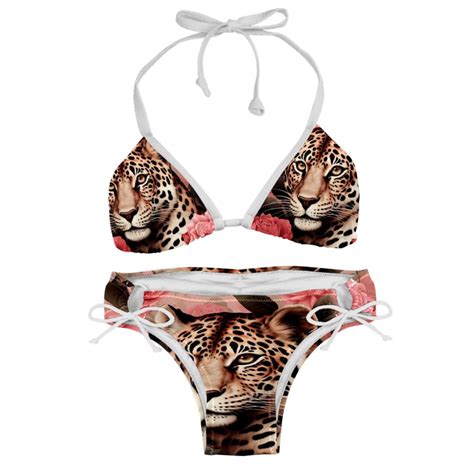 Rose Leopard Detachable Sponge Adjustable Strap Bikini Set Two Pack For