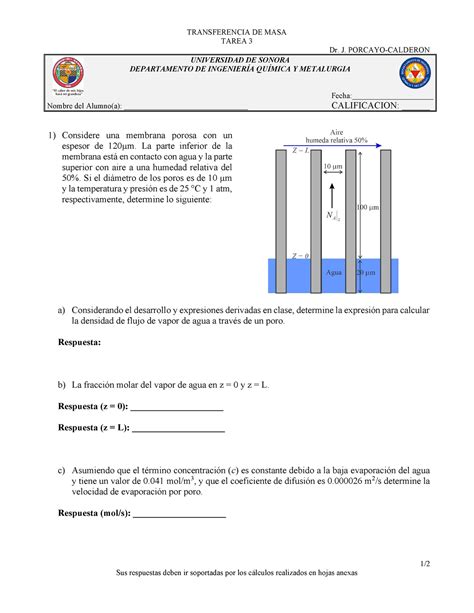 Tarea 3 TM 2024 1 TRANSFERENCIA DE MASA TAREA 3 Dr J PORCAYO