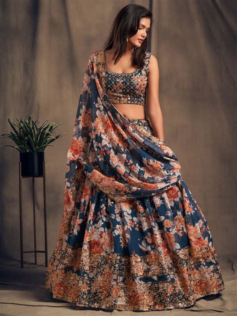 Dark Blue Floral Printed Lehenga Choli With Sequins Zari Embroidery